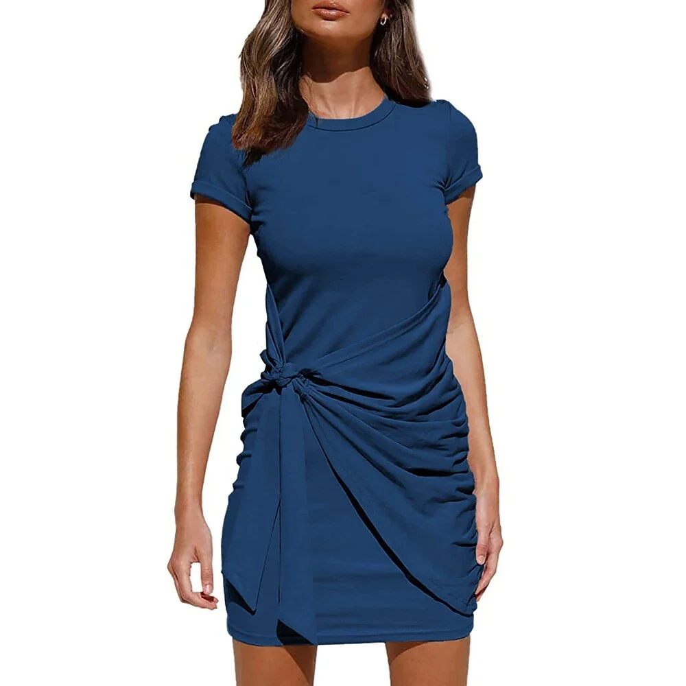 BTFBM Women 2025 Spring Casual Short Sleeve Ruched Bodycon Tank T Shirt Dress- - Picture 1 of 8